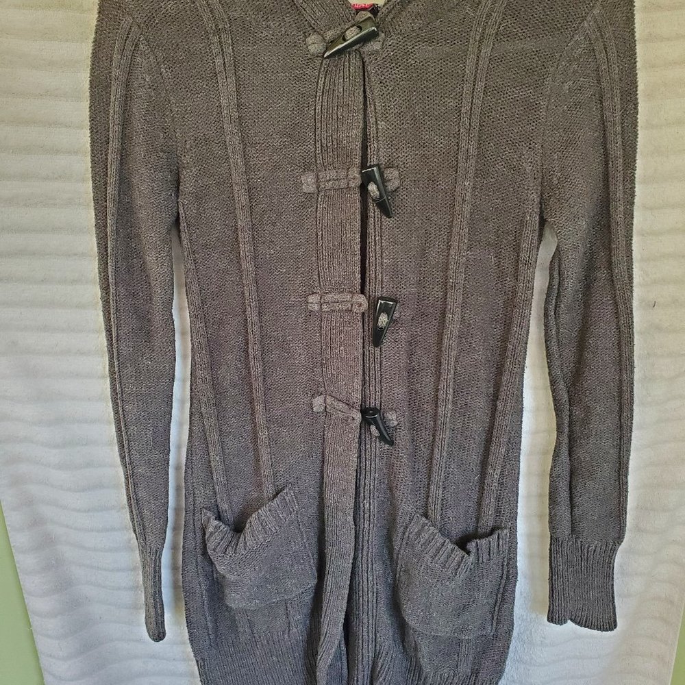 Gray button up sweater with hood